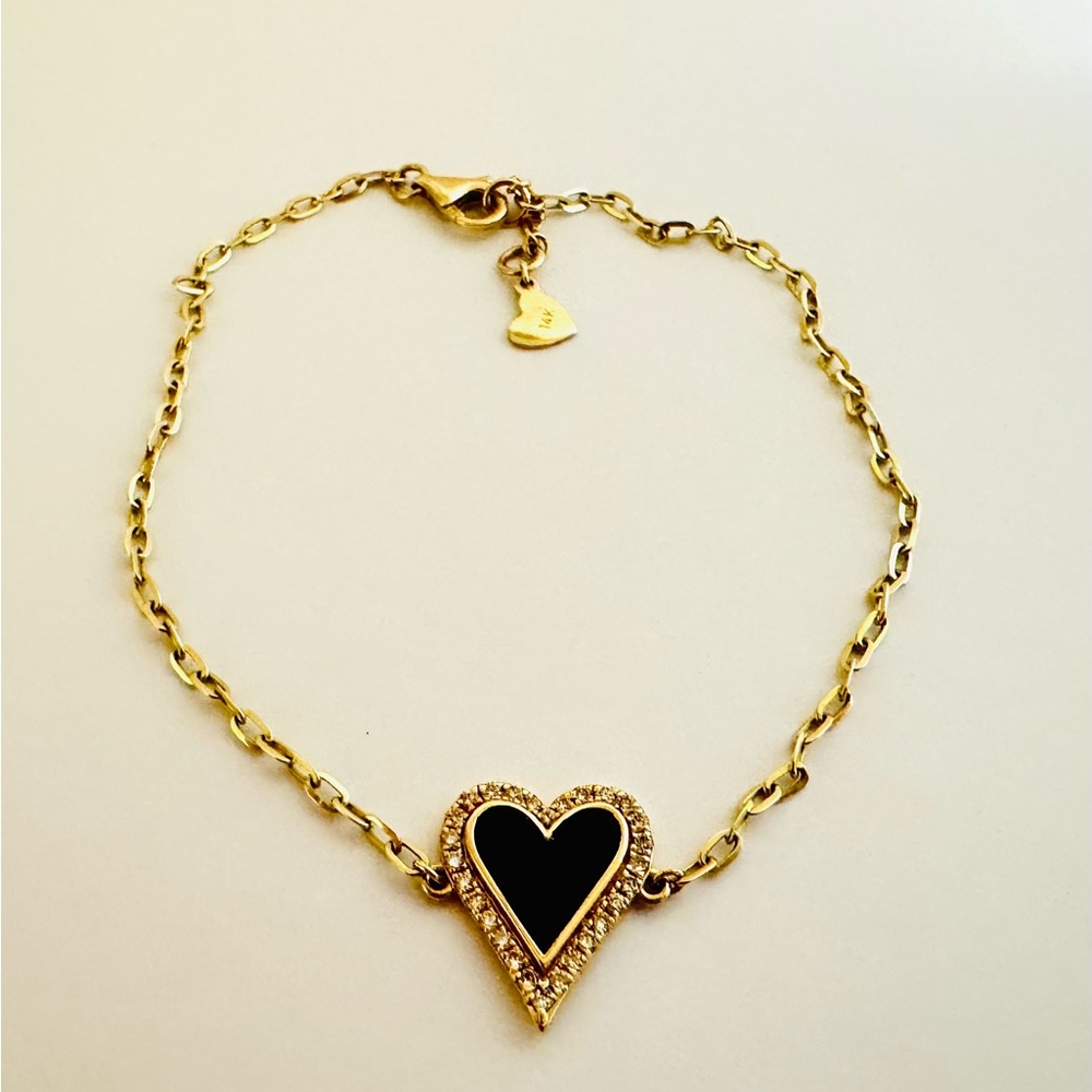 14K Yellow Gold Diamond and Onyx Heart Bracelet